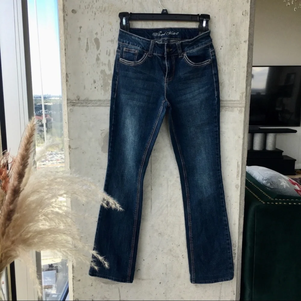 Wired Heart Dark Wash with Embroidered Cross Boot Cut Trouser Jeans 27